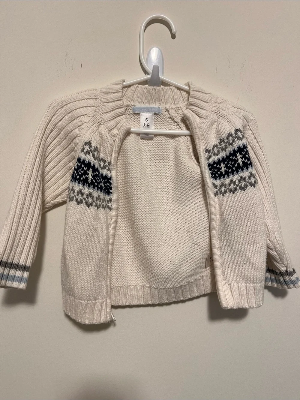 Old Navy Cream Zip Knit Cardigan with Navy & Gray Fair Isle